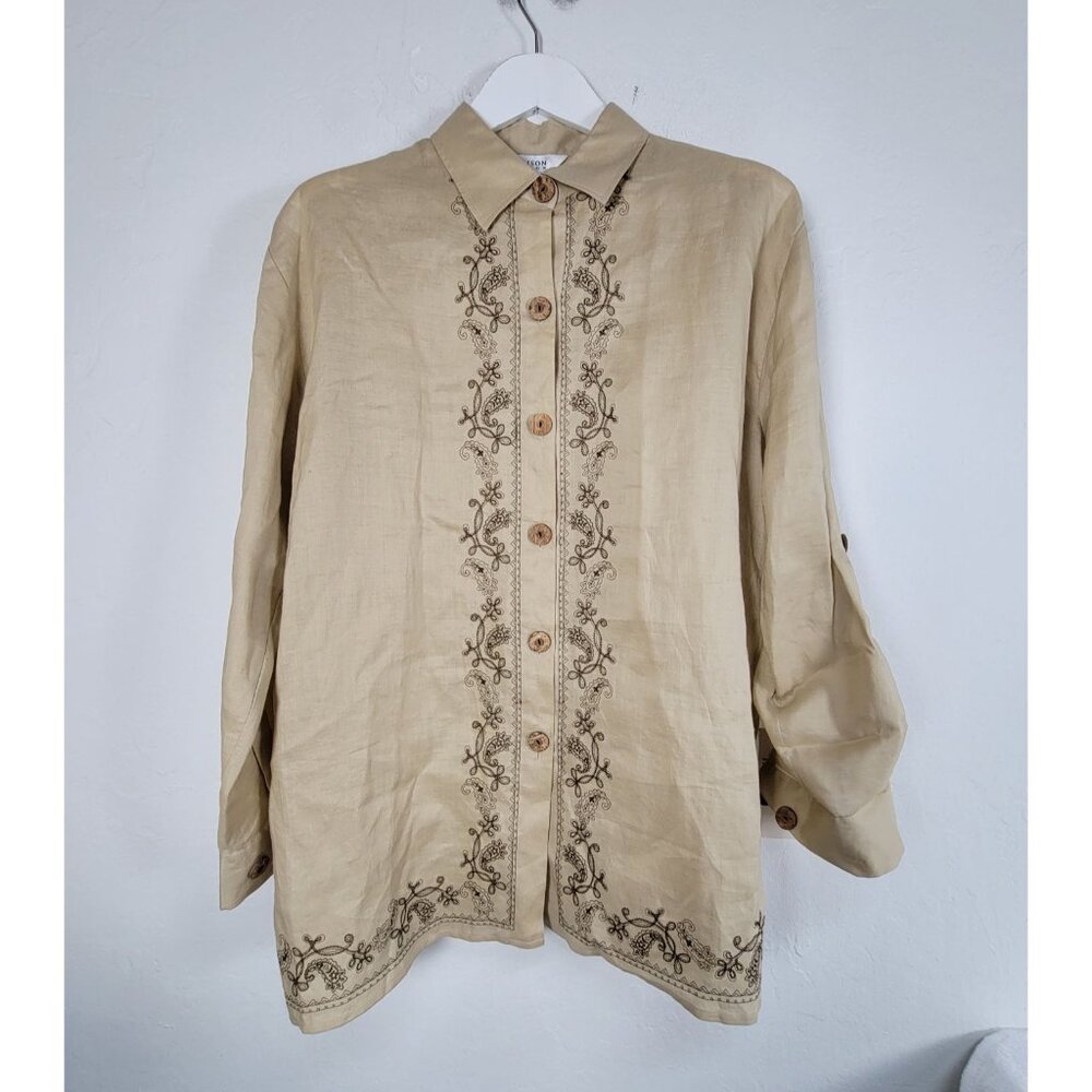 Allison Taylor Womens Beige Embroidered 100% Linen Button-Up Shirt Large New